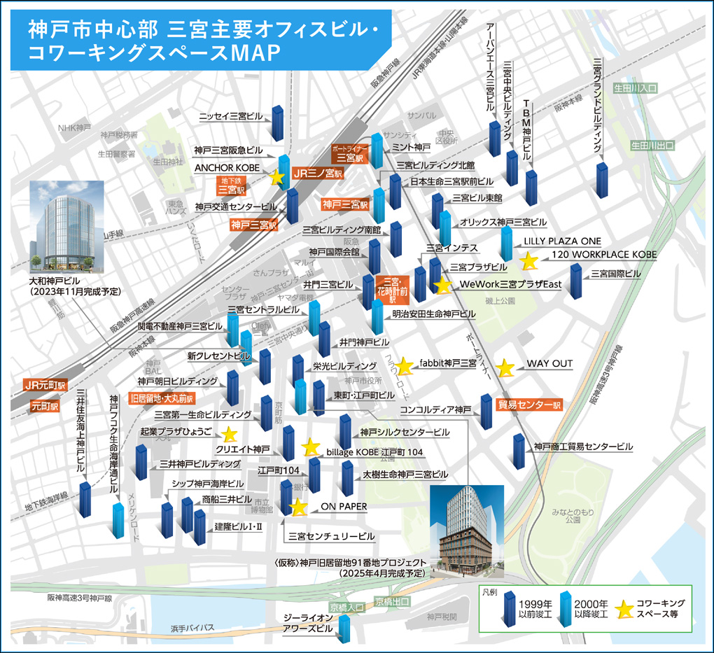 神戸市中心部 三宮主要オフィスビル・コワーキングスペースMAP
